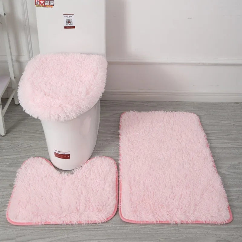 tapis toilette rose violet gris clair peluche points moderne antidérapant ensemble trois pièces