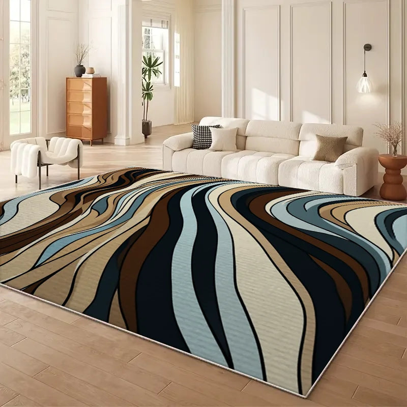 grand tapis salon moderne motif ondulé bleu beige noir doux polyester chambre intérieur maison