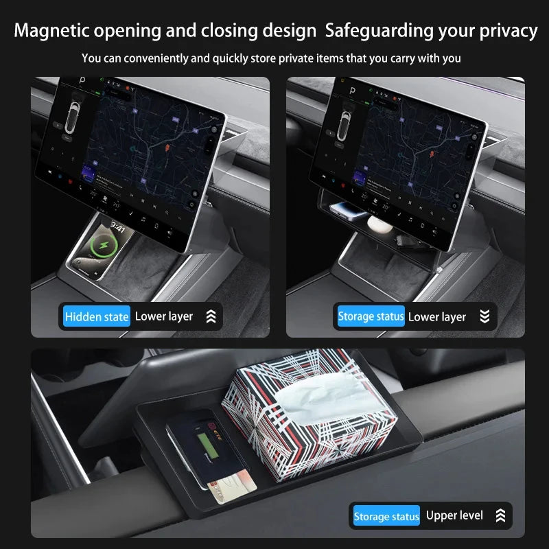 rangement voiture adhésif ouverture magnétique écran tableau bord compatible tesla moderne minimaliste