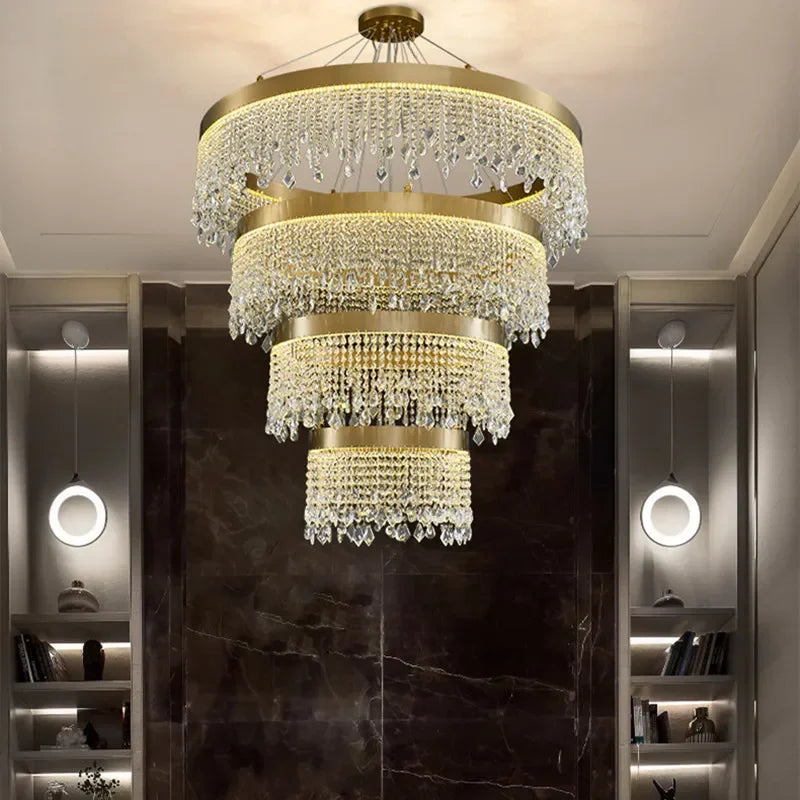 chandelier cristal moderne doré suspension cristaux prismes luxueux transparent multiples formes