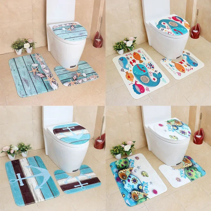 tapis toilette bleu blanc moderne ensemble tapis bain poissons coquillages plage scènes marines