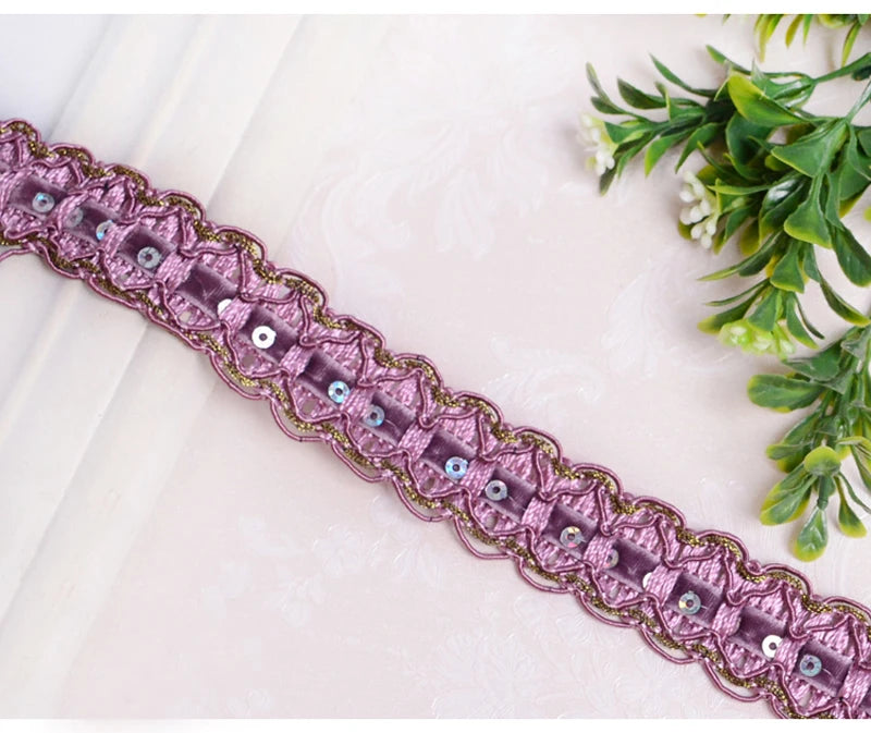 ruban décoratif dentelle élégant sequins dorés or rose violet bleu marron 2mètres polyester