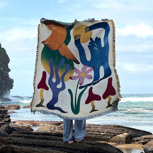 tapis multicolore abstrait art contemporain figures humaines fleurs coton polyester