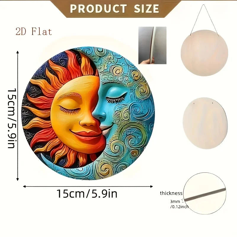 plaque décorative artisanale visage soleil lune motifs floraux occasionnelle festive orange jaune bleu vert