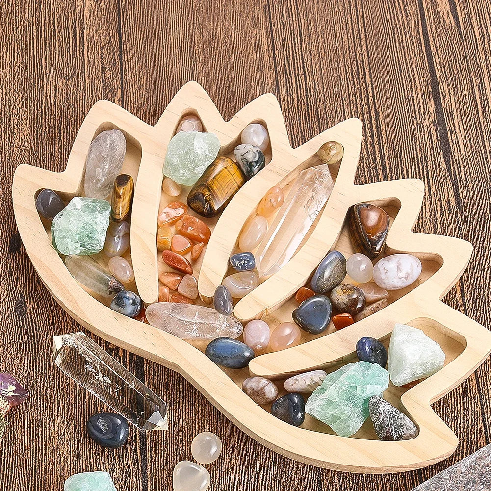 boîte rangement bois plateau lotus pierres cristaux décor maison spirituel zen ornement