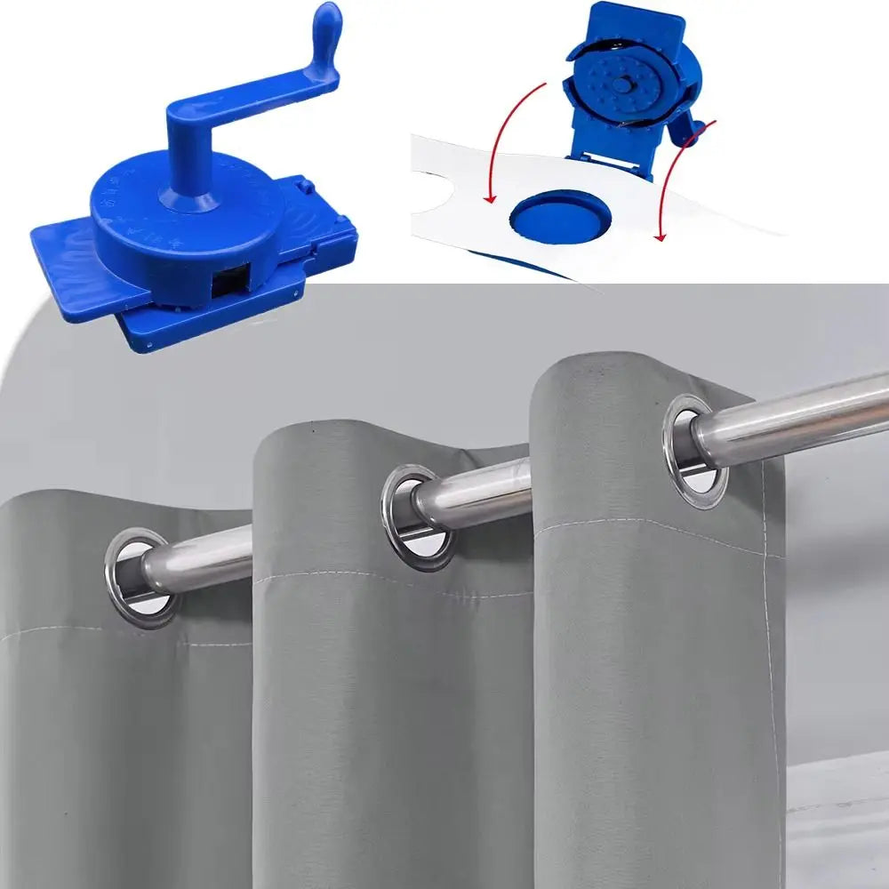 outil fixation rideaux bleu pratique outil bricolage accessoire couture trous rideau gris