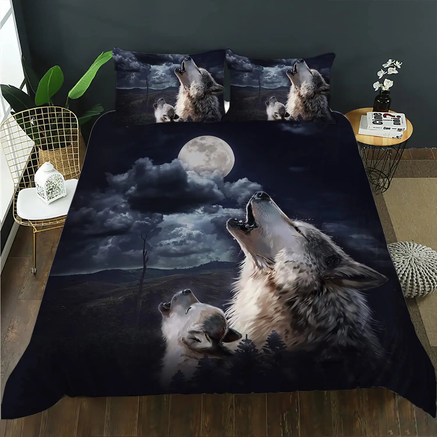 Parure de lit loup avec les deux taies d'oreiller assorties