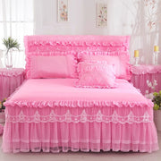 ensemble literie rose dentelle ruffles romantique chambre fille shabby chic taies oreiller couverture jupe