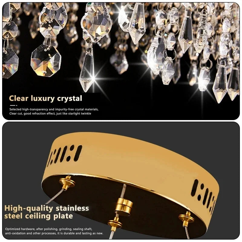 chandelier cristal moderne doré suspension cristaux prismes luxueux transparent multiples formes