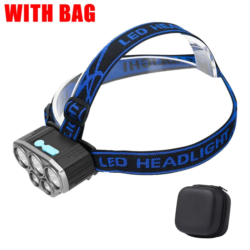 lampe frontale led rechargeable usb pêche chasse camping étanche modes luminosité bandes ajustables interrupteur