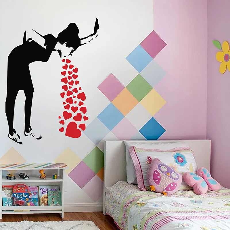 sticker mural moderne silhouette personne téléphone coeurs rouges noir autocollant vinyle waterproof removable