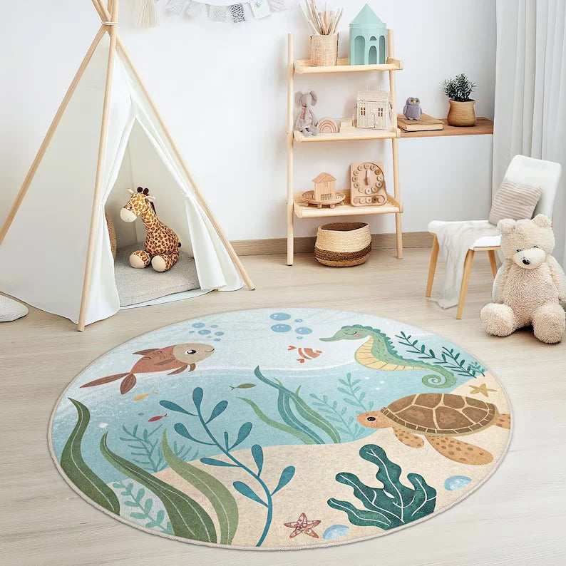 tapis rond thème marin poissons tortues hippocampes enfants salon bleu clair vert marron