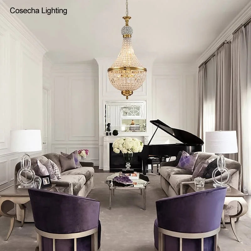 suspension lumineuse cristal dorée élégante classique brillants transparents chambre salon