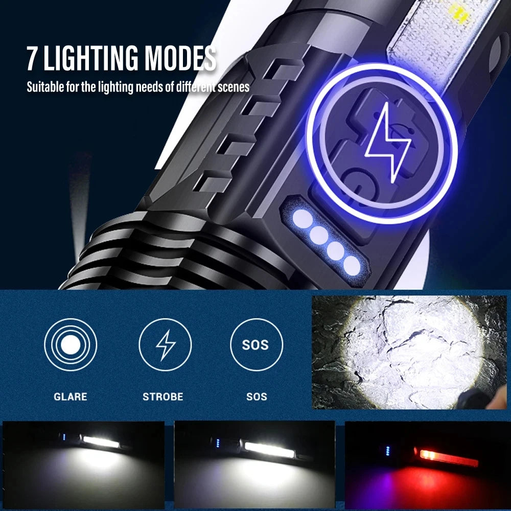 lampe torchon rechargeable 20w led noire texturée modes éclairage camping pêche