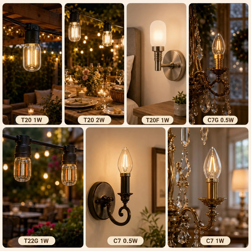 ampoules led filament vintage transparentes dorées opalescentes e14 60 lumens 25000hrs