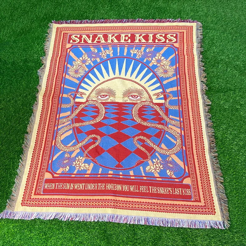 couverture jacquard brodée motif géométrique serpent vintage bleu rouge beige opacité