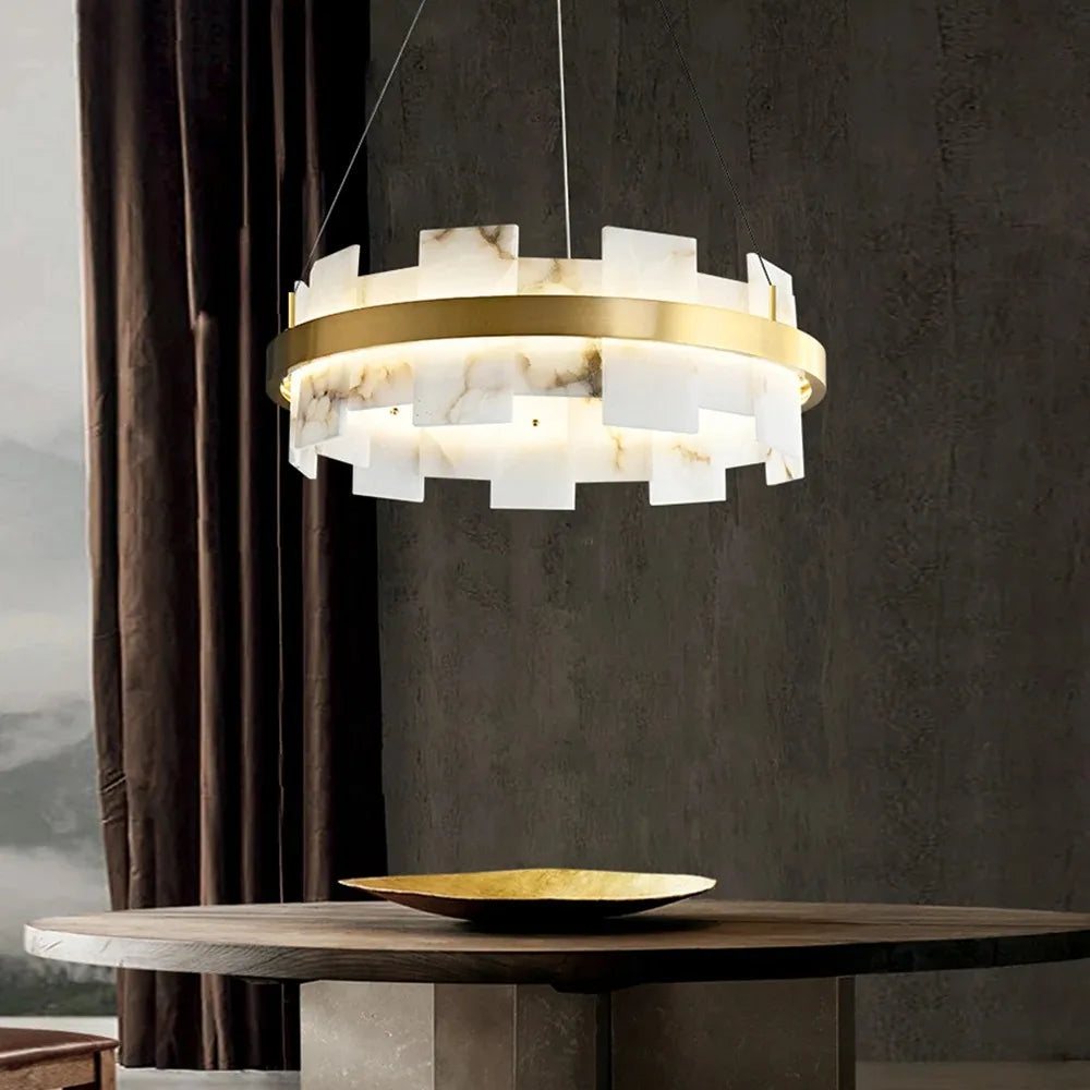 suspension lumineuse moderne blanche dorée veines carrées cuivre salon restaurant