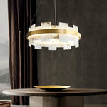 suspension lumineuse moderne blanche dorée veines carrées cuivre salon restaurant