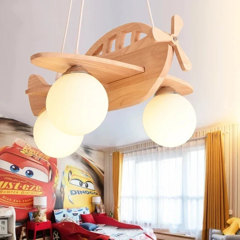lampe suspendue avion bois moderne sphères translucides chambre salon tricolore blanc