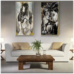 tableau moderne chevaux galopants abstrait canvas noir blanc marron gris doré salon chambre decoration