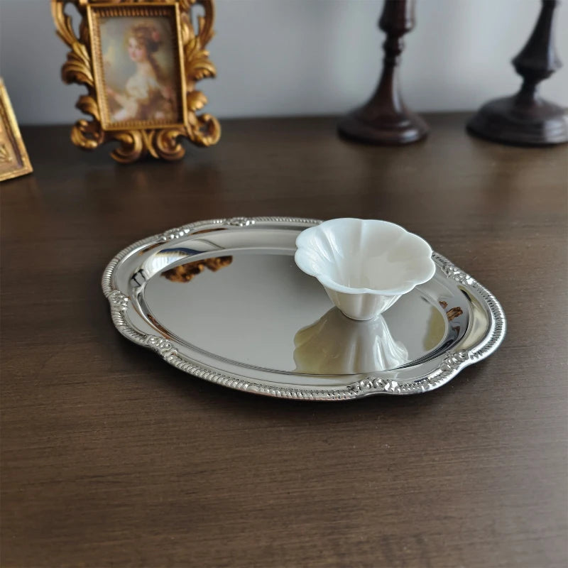 plateau service acier inoxydable vintage gaufré rangement bijoux organisation présentation collations décoration table sophistiquée