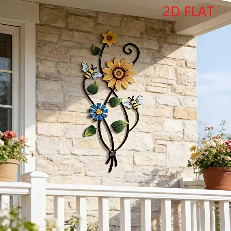 décoration murale artisanale abeilles fleurs stylisées noir jaune bleu vert floral