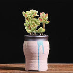 pots fleurs céramique glaçure abstraite bleu rose marron rustique plante verte artisanat
