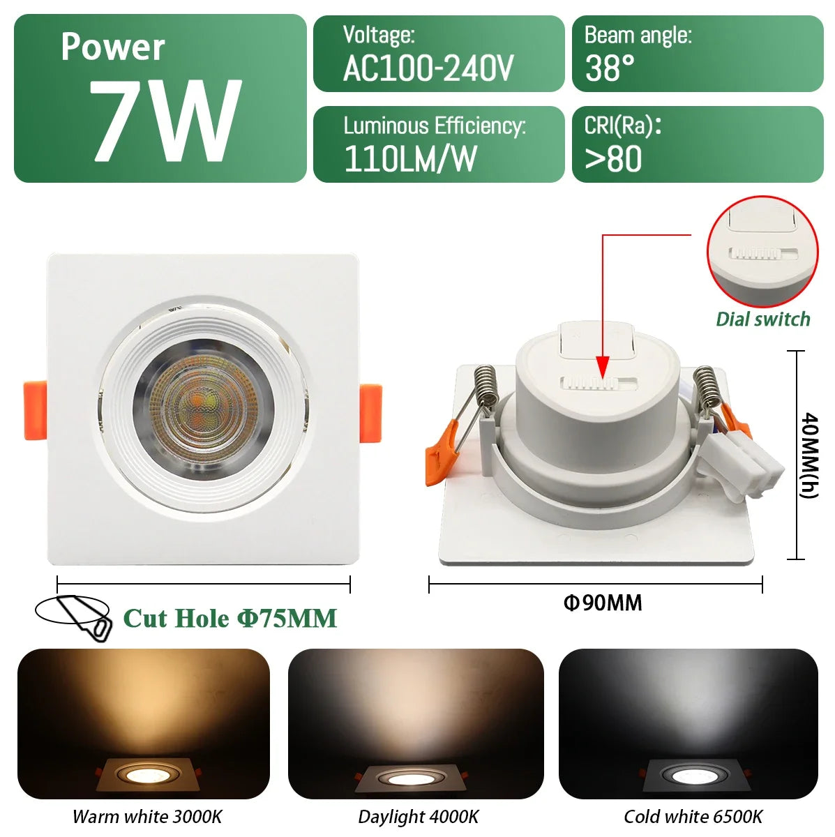 spot led blanc moderne 3000k 4000k 6500k interrupteur cct 75mm 90mm