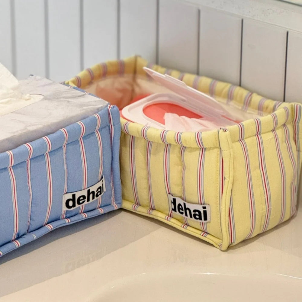 boîte rangement moderne bleu clair jaune clair blanc rayures fines tissu amovible pratique sans
