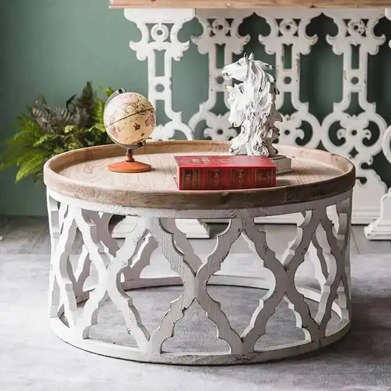 table basse rustique bois blanc structure ajourée vintage 81cm 81cm 42cm