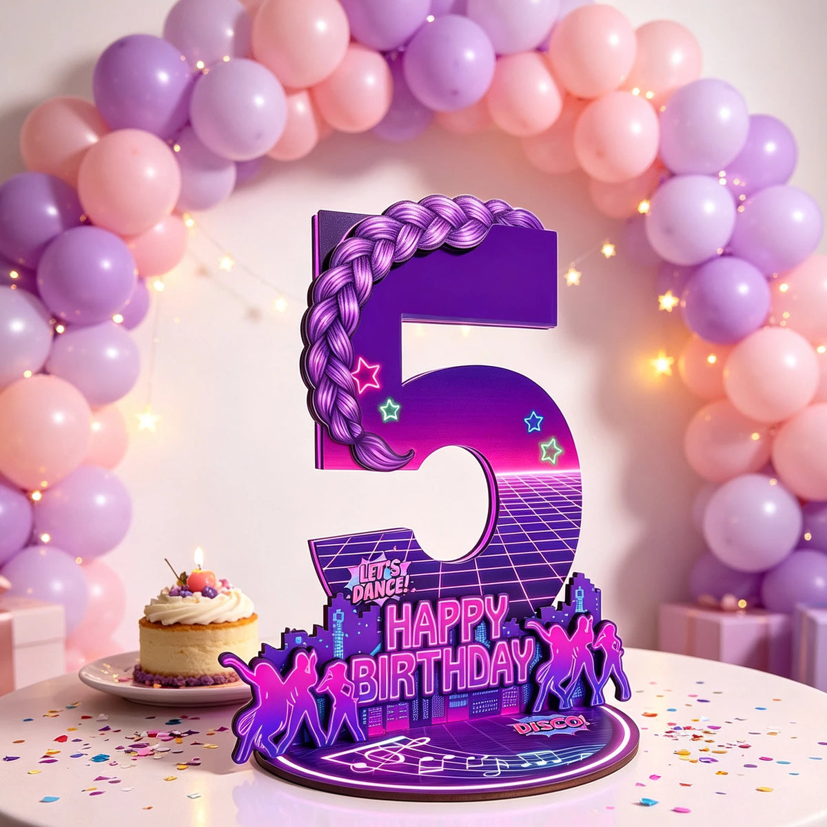 décoration anniversaire enfant années 80 disco numérotée violet rose magenta jaune