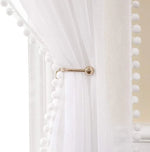 rideau gris blanc pompons tissu lin like translucide moderne décoratif maison