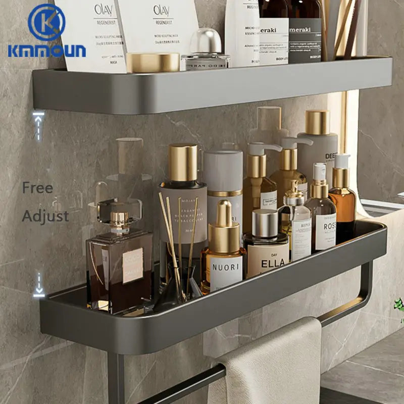 étagère murale moderne étagère salle bain aluminium gris laquée fixations adhésives serviettes cosmétiques minimaliste