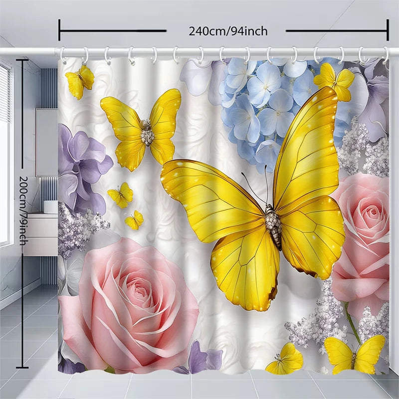 rideau douche papillons fleurs jaunes polyester moderne anneaux rideau blanc violet bleuclair chambre toilette