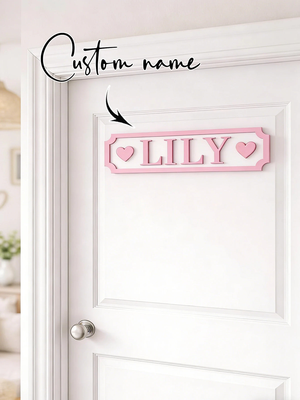 plaque nom personnalisable bois lettre relief bordure coeurs chaîne rose clair 30cm 40cm 50cm