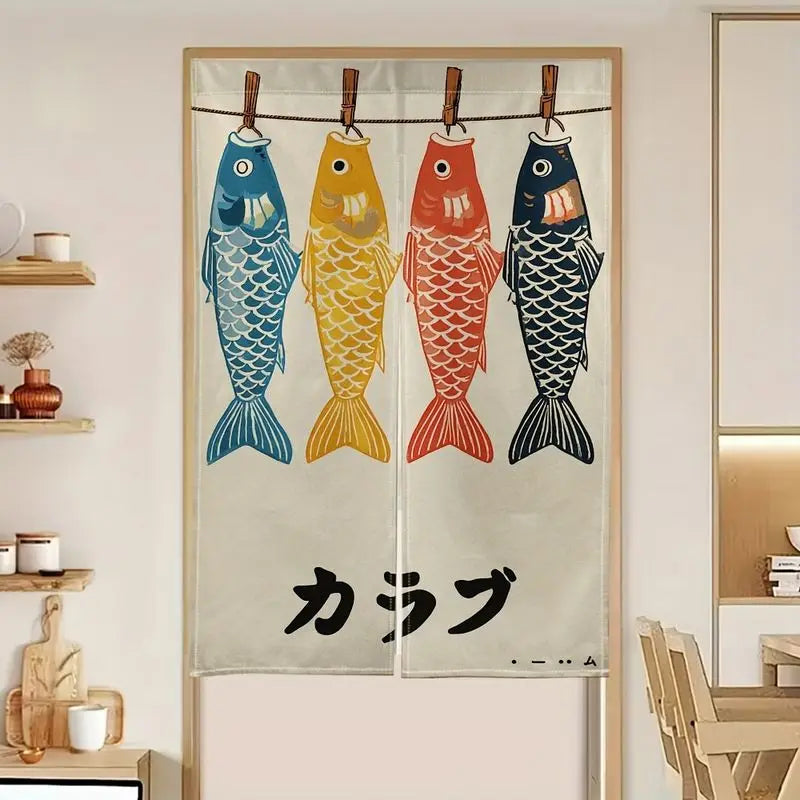 rideau porte poissons koi japonais bleu rouge jaune clips traditionnel polyester opaque