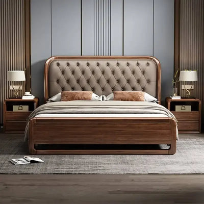 lit double moderne marron clair cuir capitonné bois massif élégant oreillers coussins draps tapis