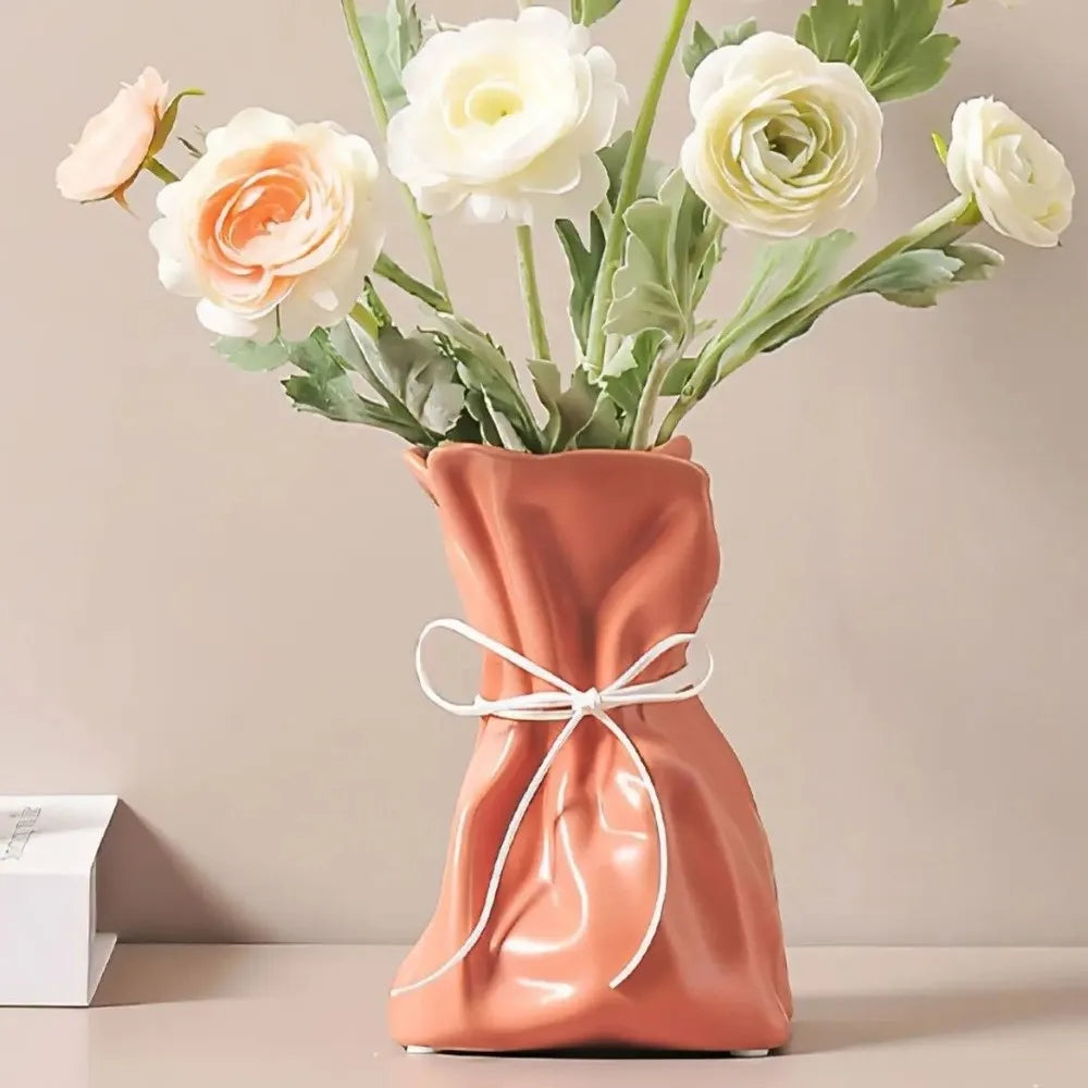 Sac fleurs moderne ruban uni blanc orange marron clair vert