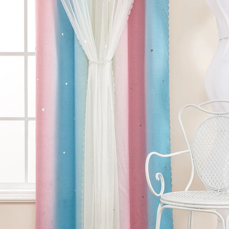 rideau polyester bleu rose rayures pois blancs moderne salon chambre hospitalière