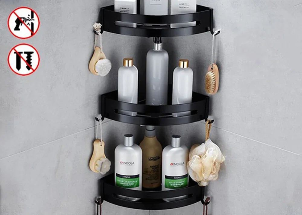 étagère angle moderne noire blanche or adhésive réutilisable salle bain douche trois niveaux fixations