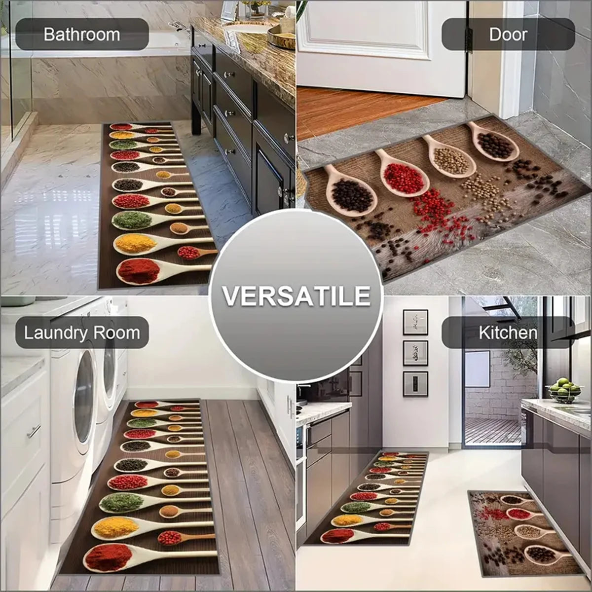 tapis cuisine marron beige blanc motif cuillères grains épices moderne sol polyester pvc