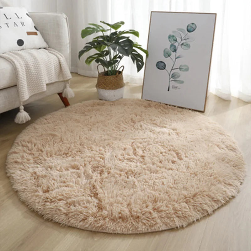 tapis rond polypropylène peluche doux moderne beige blanc bleu rose chambre salon enfant