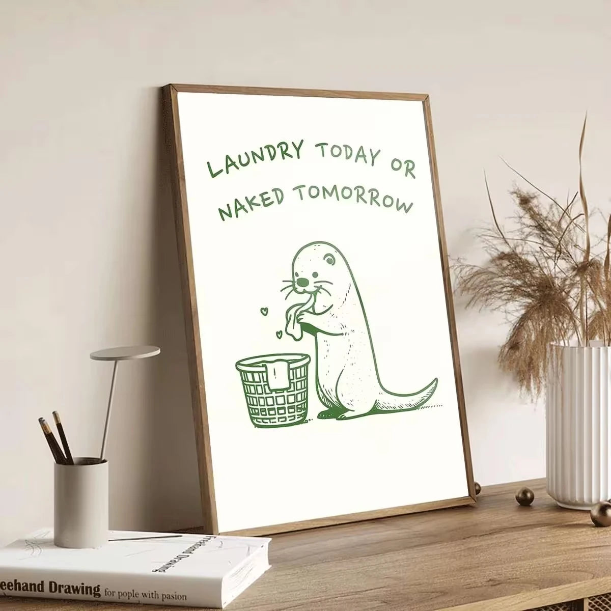 affiche murale otter humoristique blanche verte décoration chambre salon enfant illustration simple cadre métal