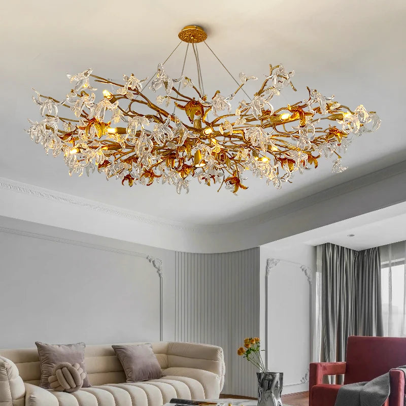 lustre cristal doré branches feuilles translucides moderne élégant suspension salon chambre luxe décoratif
