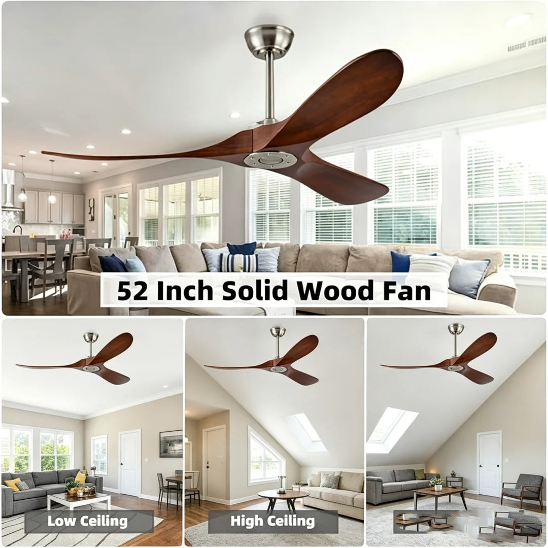 ventilateur moderne bois finition marron lames bois massif télécommande inclusion poteaux métalliques 52pouces