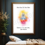 L'image montre un cadre mural avec une illustration zen et un texte expliquant que l'énergie peut être transmise à n'importe qui, n'importe où.
