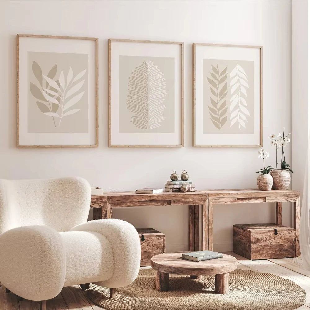 affiches minimaliste feuilles stylisées beige clair affiches imprimées toile cadre bois chambre salon decorationintérieur