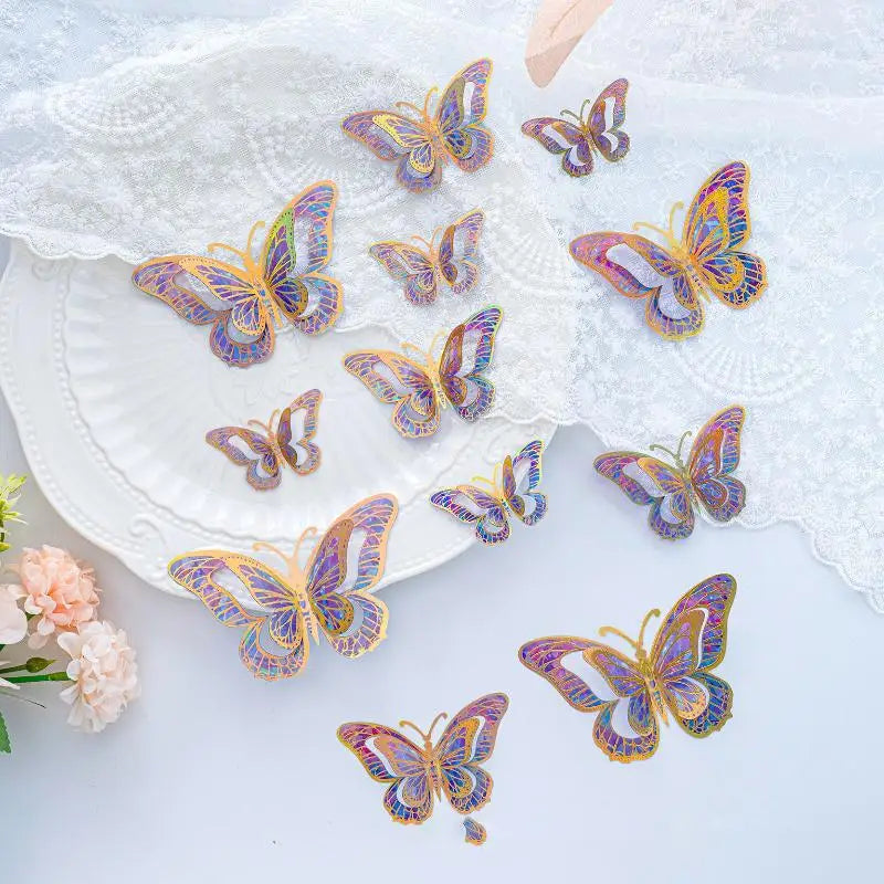 papillons décoratifs transparents effet holographique adhésifs 3d élégants rose vert bleu doré pack 12