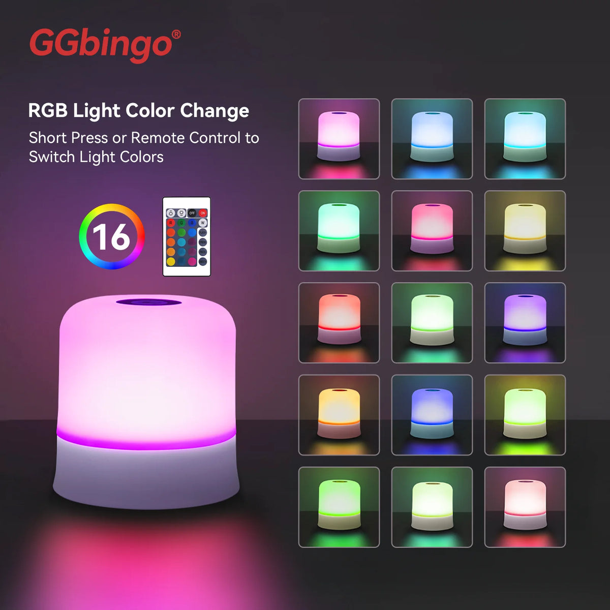 lampe led rechargeable touch veilleuse rgb multiple couleurs modernes éclairage fade strobe flash télécommande