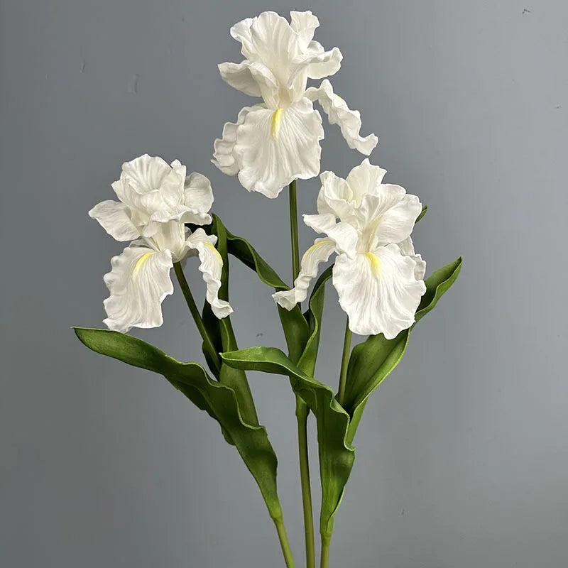 bouquet fleurs artificielles iris modernes blanc jaune vert violet intérieur décoration mariage anniversaire
